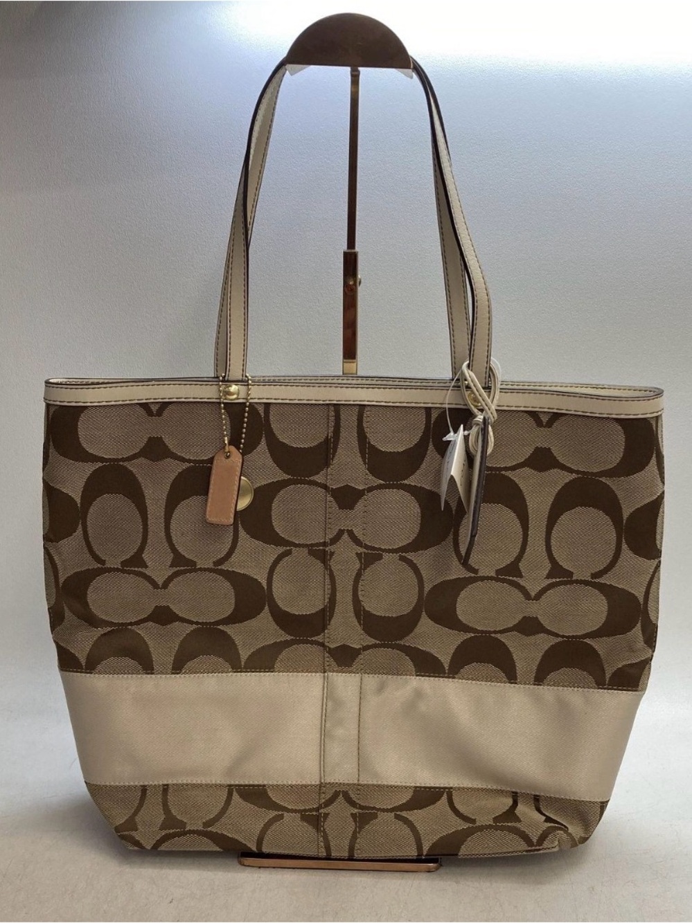 Coach Signature Jacquard Khaki & Brown Stripe Tote